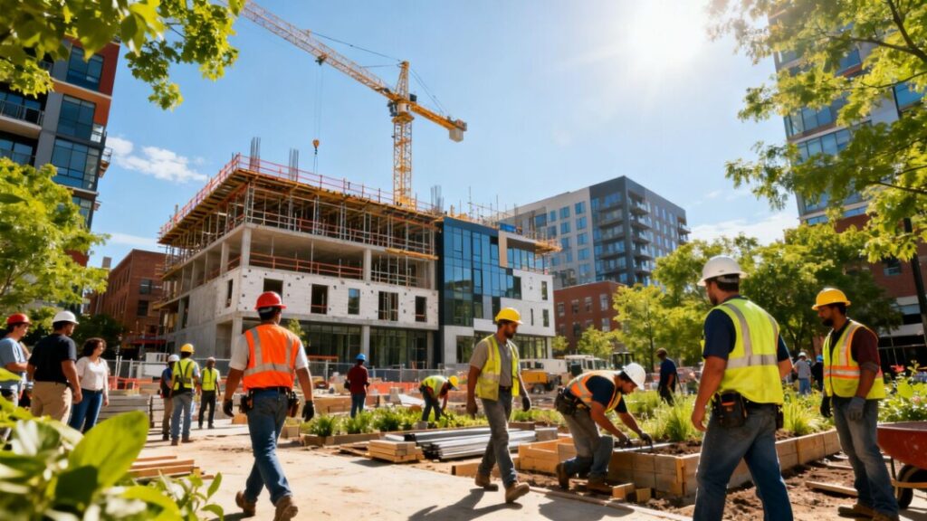 LA construction site with diverse workers building community projects.