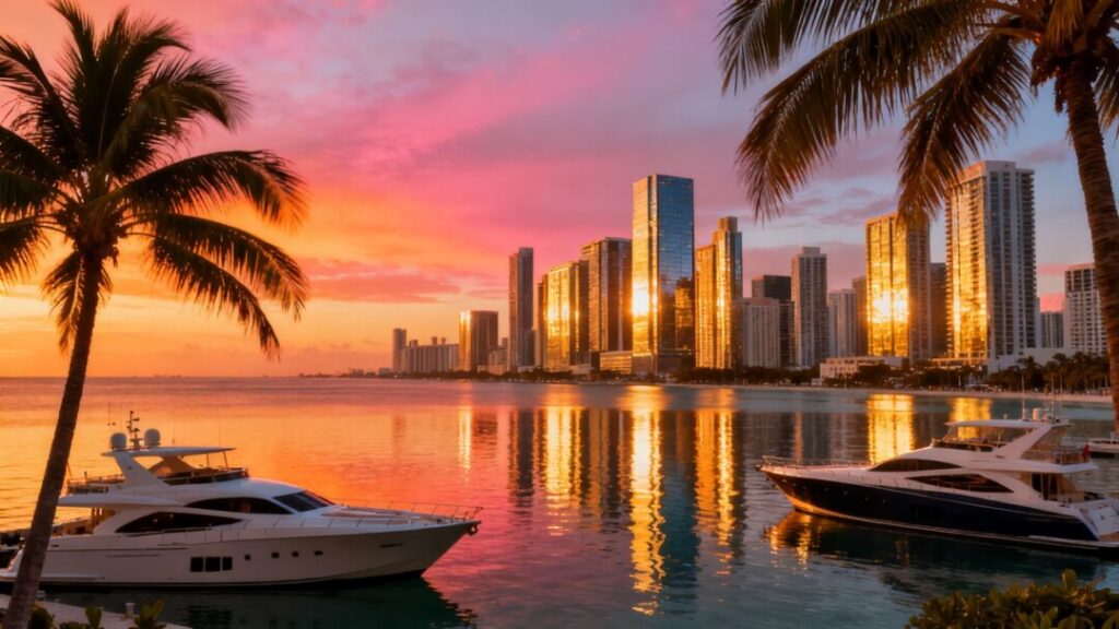 Miami skyline with ocean and palm trees.