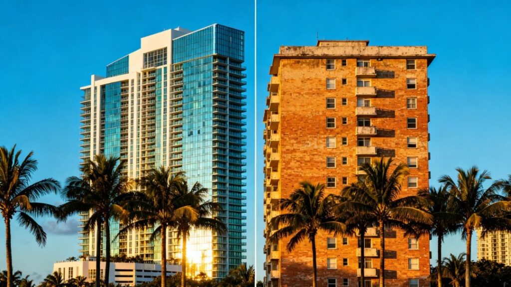 Miami skyline split, luxury vs. older buildings.