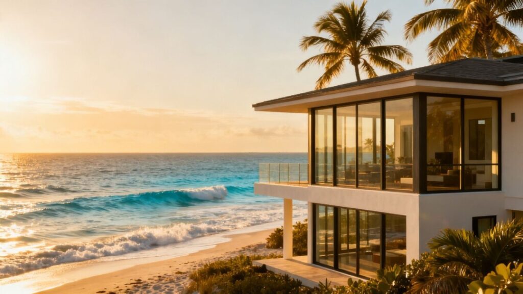Florida coastline with a house and palm trees.