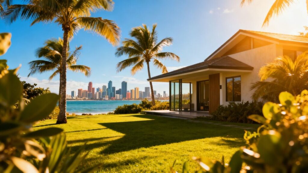 Florida homes with coastline and cityscape in background.