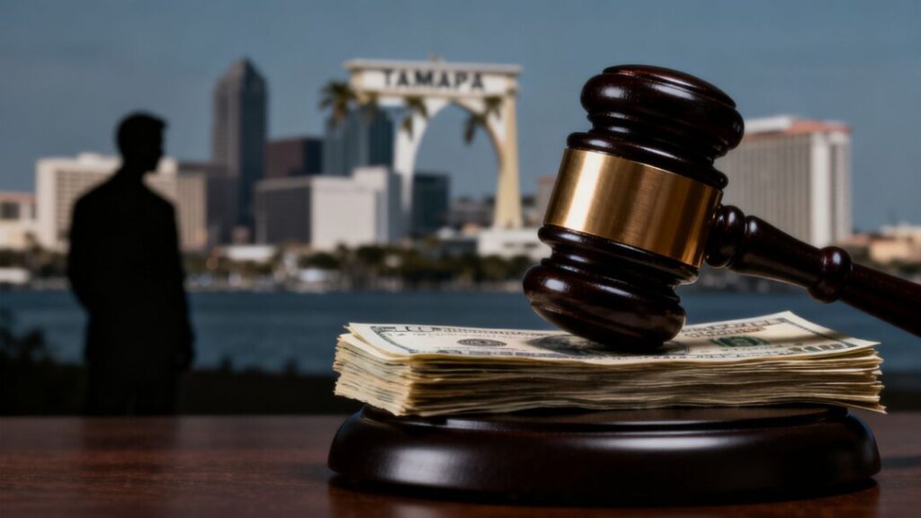 Gavel striking money with Tampa skyline background.