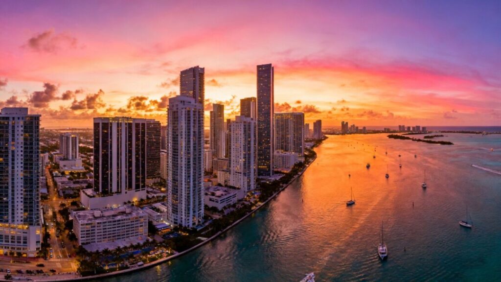 Miami skyline with new supertall towers at sunset.
