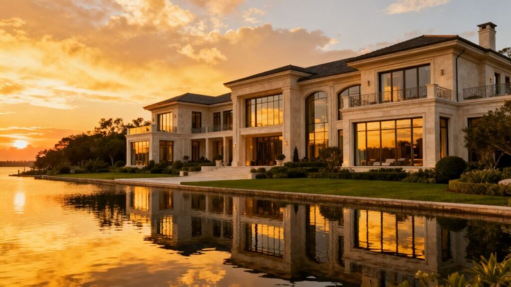 Luxury Florida mansion with waterfront view at sunset.