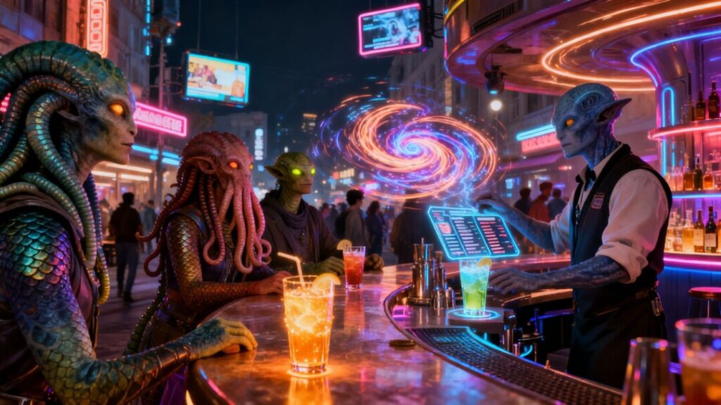 Lively sci-fi cantina with aliens and magical portals