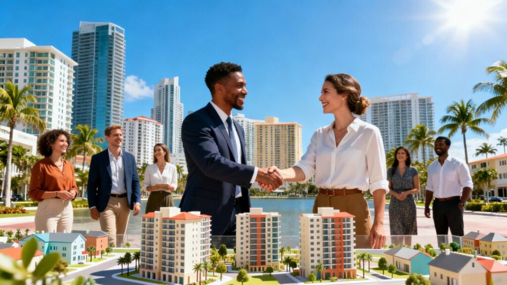 Investors shaking hands before Florida city skyline.