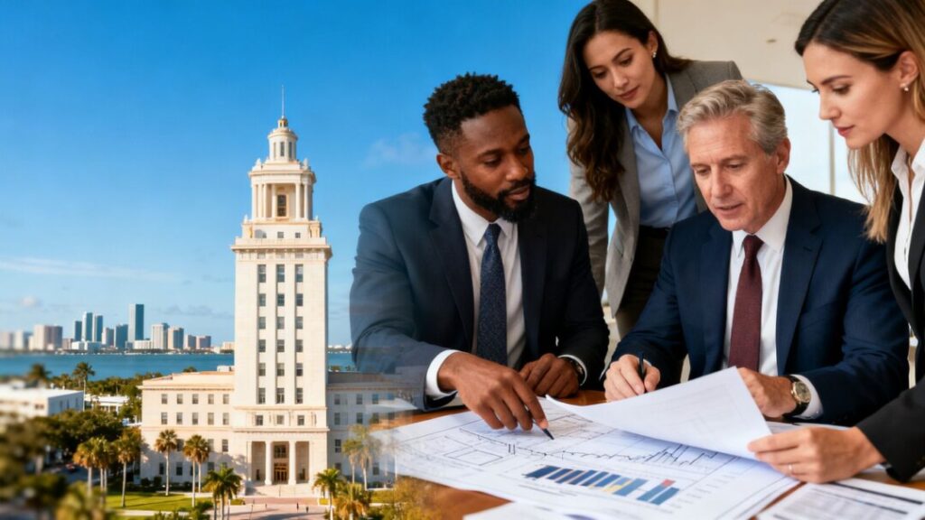 Florida capitol building and professionals discussing real estate investment.