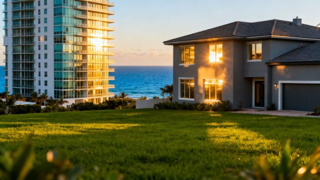 Miami homes and condos with ocean and green lawn views.