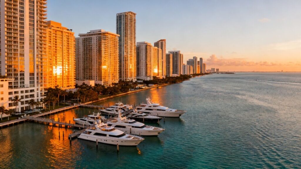 Miami skyline with luxury buildings and yachts.