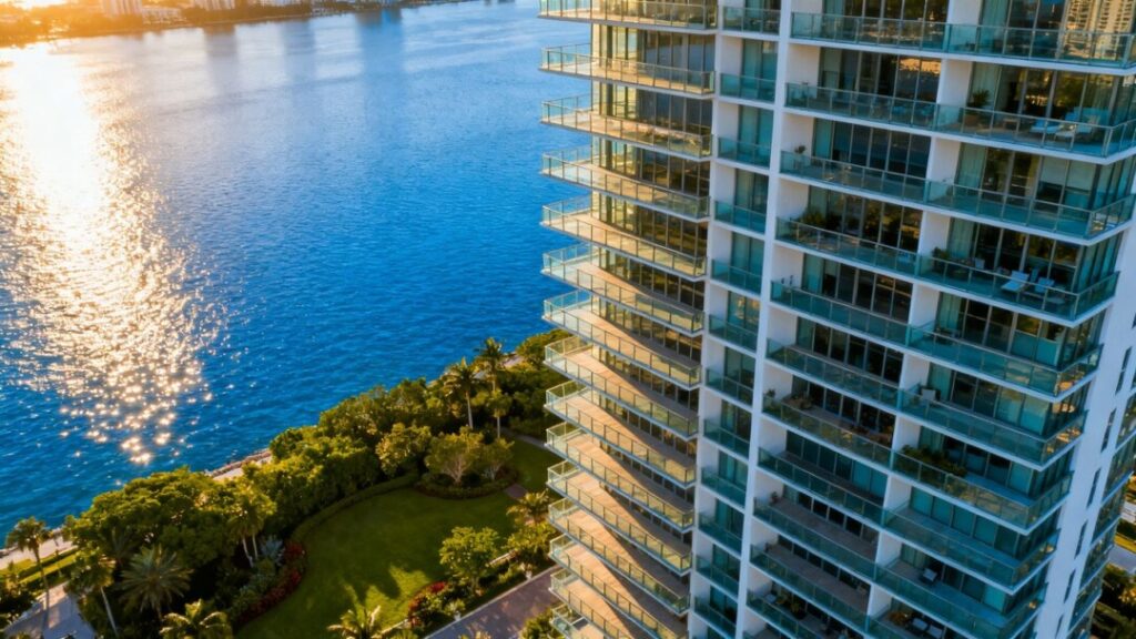 Luxury waterfront residences with glass balconies and lush landscaping.