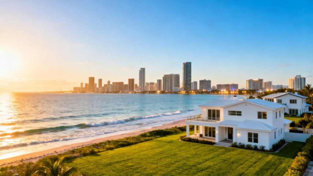 Florida housing market recovery with cityscape and houses.