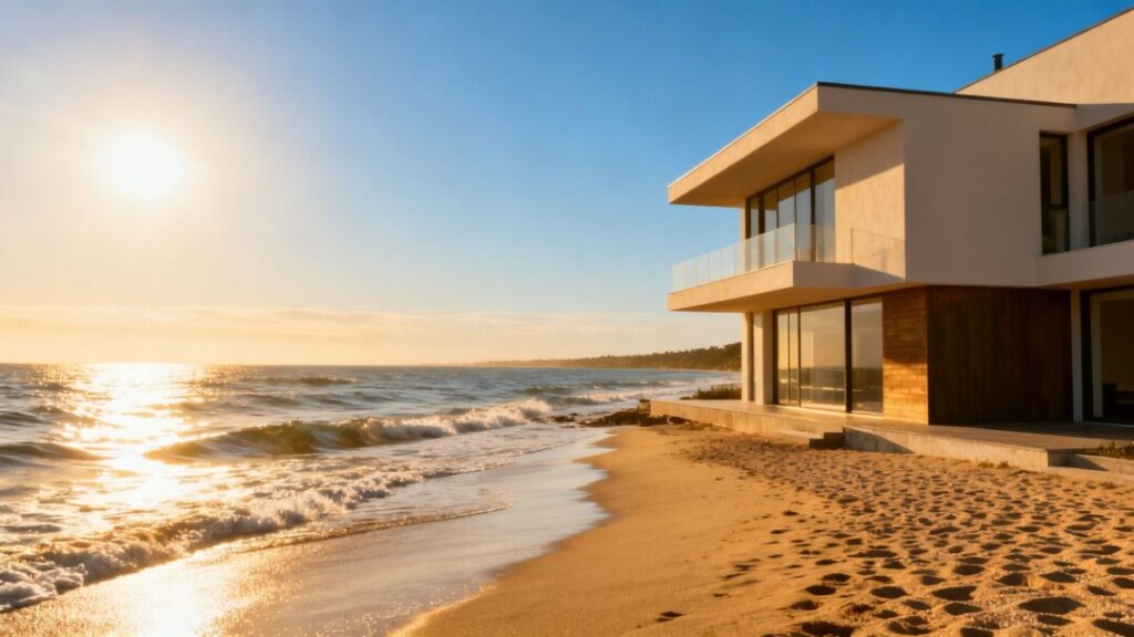 Florida coastline with a modern house and ocean waves.