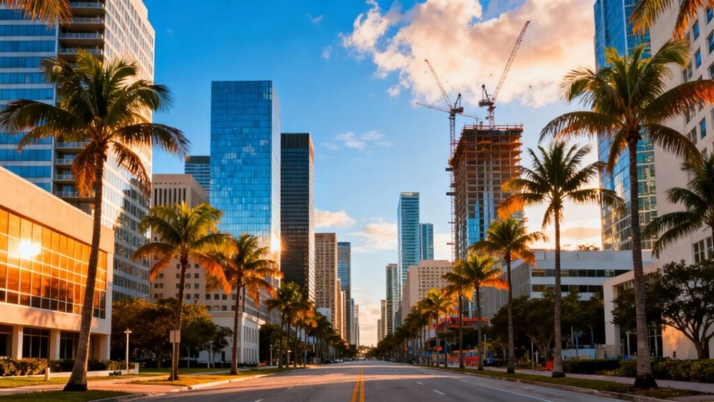 Montreal and Florida skylines merging with palm trees