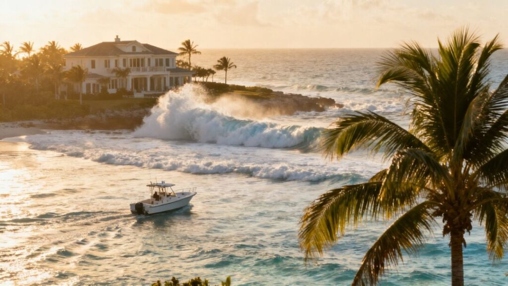 Florida coast with rising water and departing boat.
