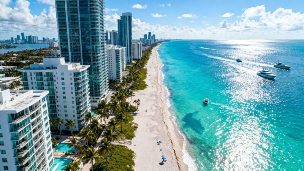 Miami beachfront condos with ocean and yachts