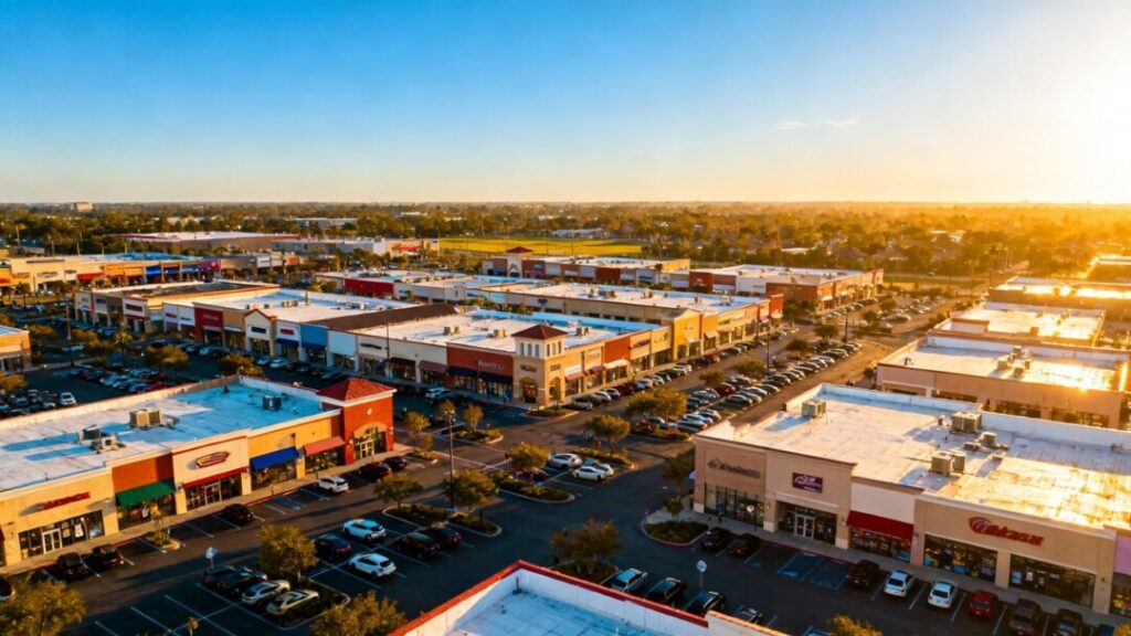 Retail shopping center with storefronts and parking.