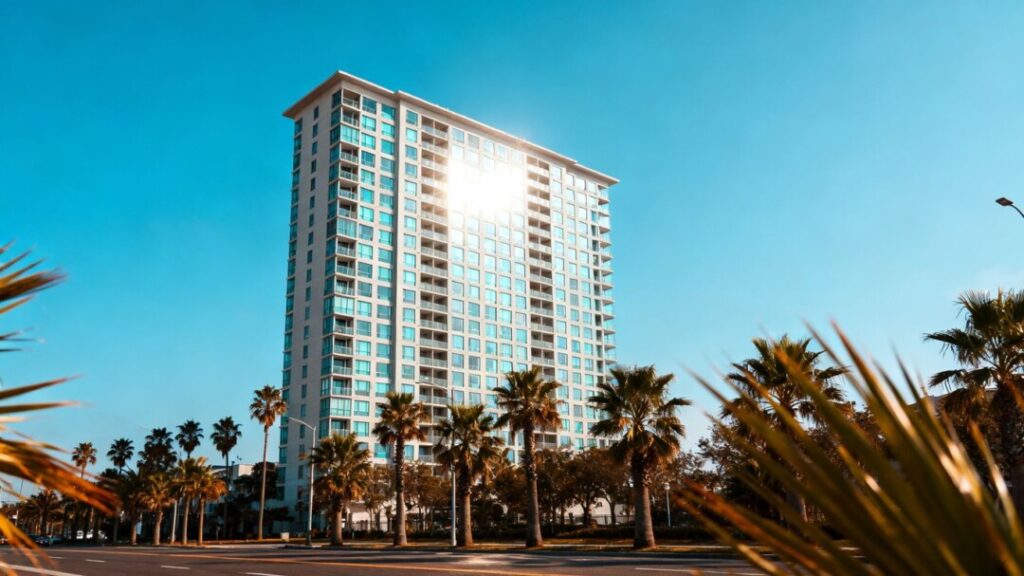 Fort Lauderdale apartment tower against a blue sky.
