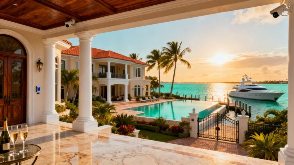 Luxury Florida mansion with ocean view and palm trees.