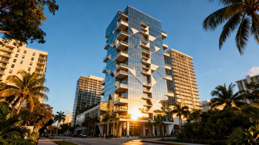 Miami mixed-use development with modern architecture and greenery.
