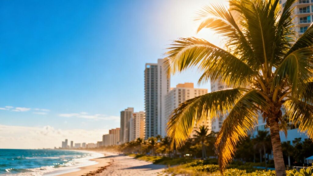 Florida coastline with modern buildings and palm trees.