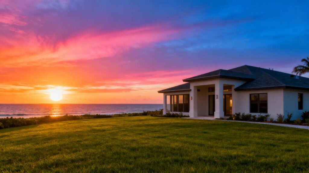 Florida coast sunset over ocean and modern house.