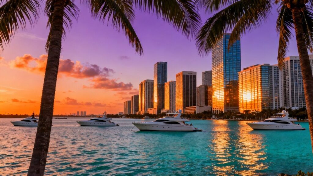 Miami skyline at sunset with yachts in the bay.