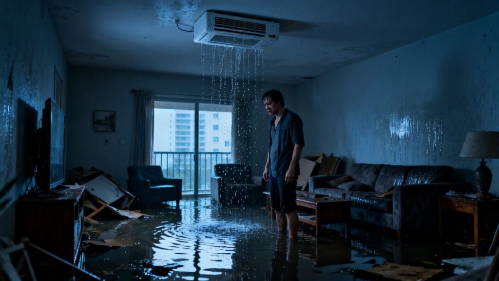 Condo owner in flooded living room with leaking AC unit.