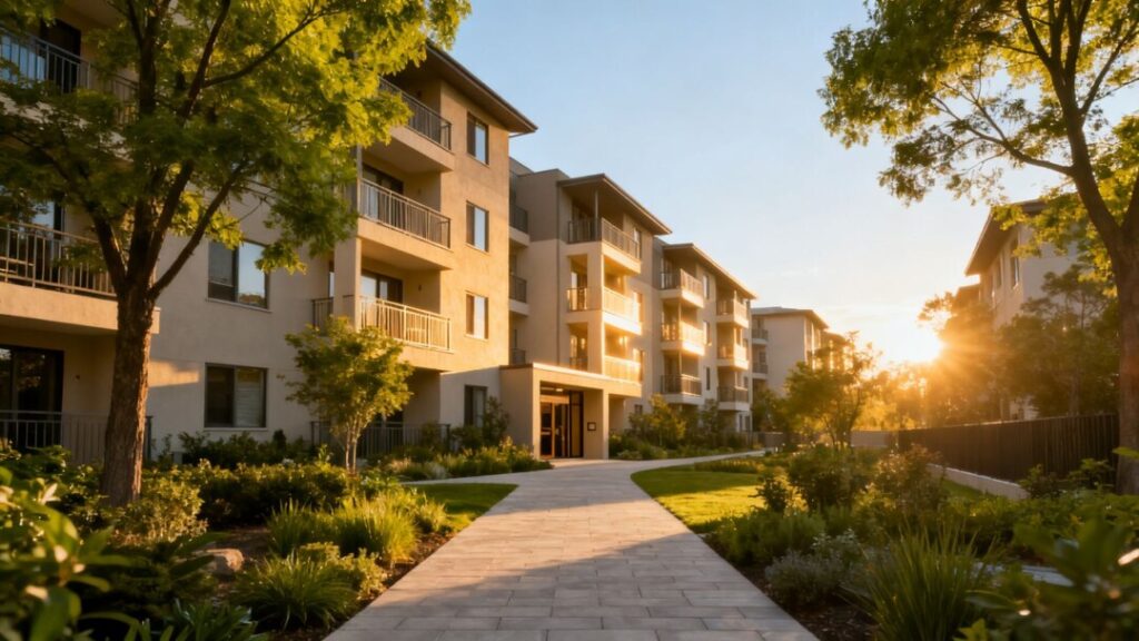 Encino apartment complex with trees and balconies.
