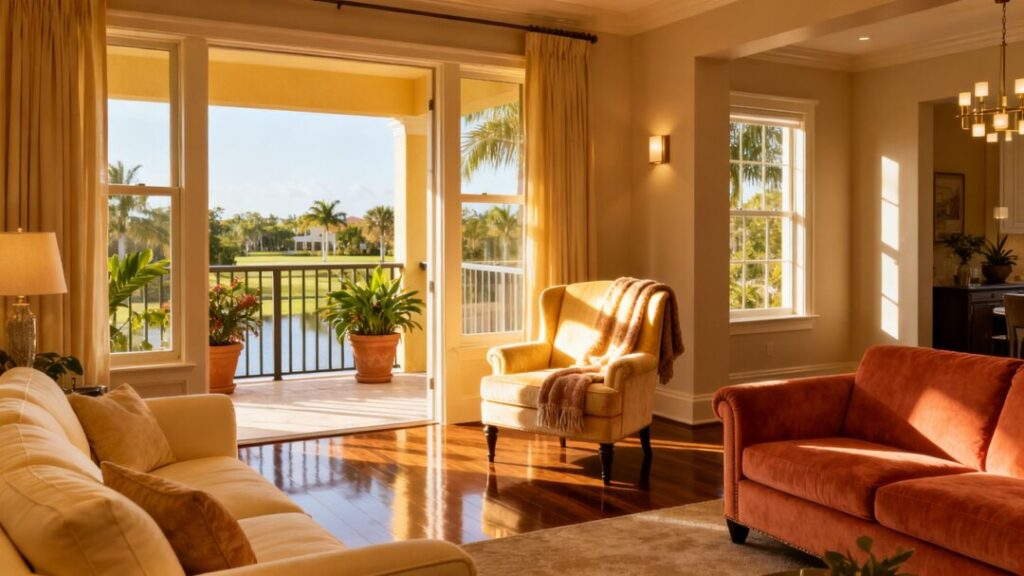 [Donna Kelce]'s renovated Florida condo living room, no pets on furniture.