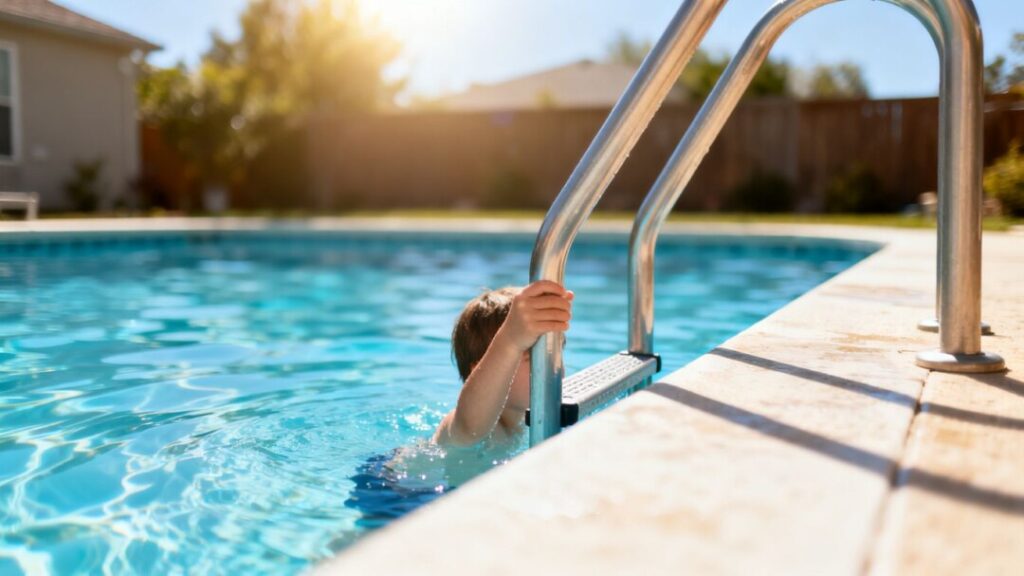 Child reaching for pool ladder near blue water.