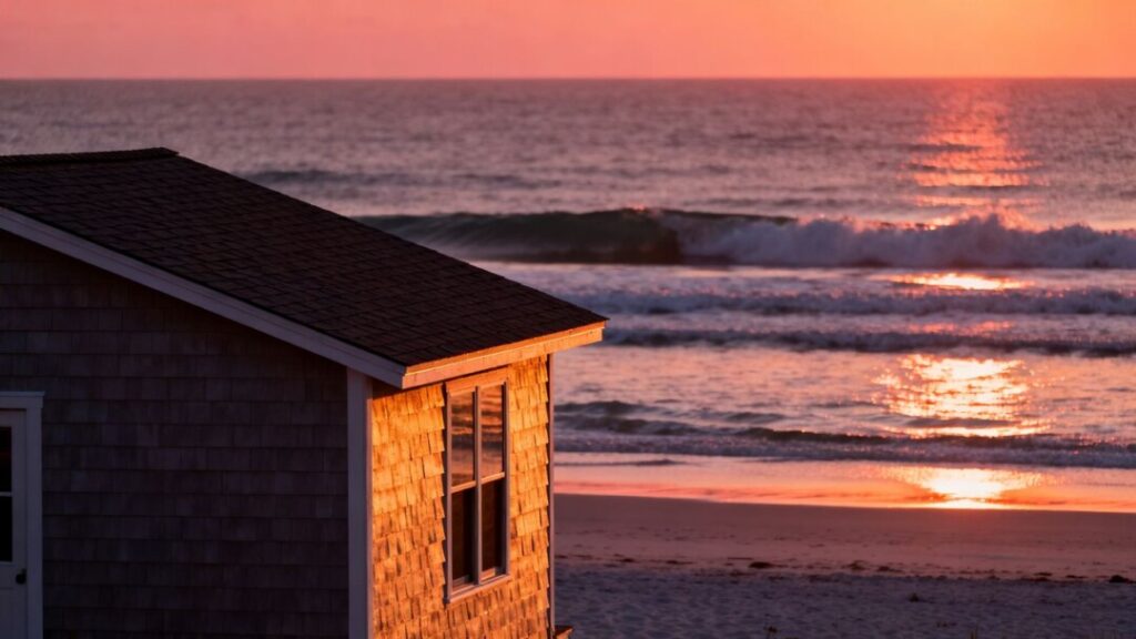 Florida coastline with a house at sunset.