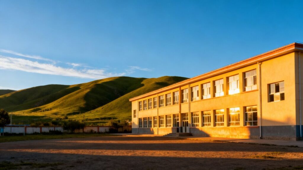 Hillsborough school building with green hills and blue sky.