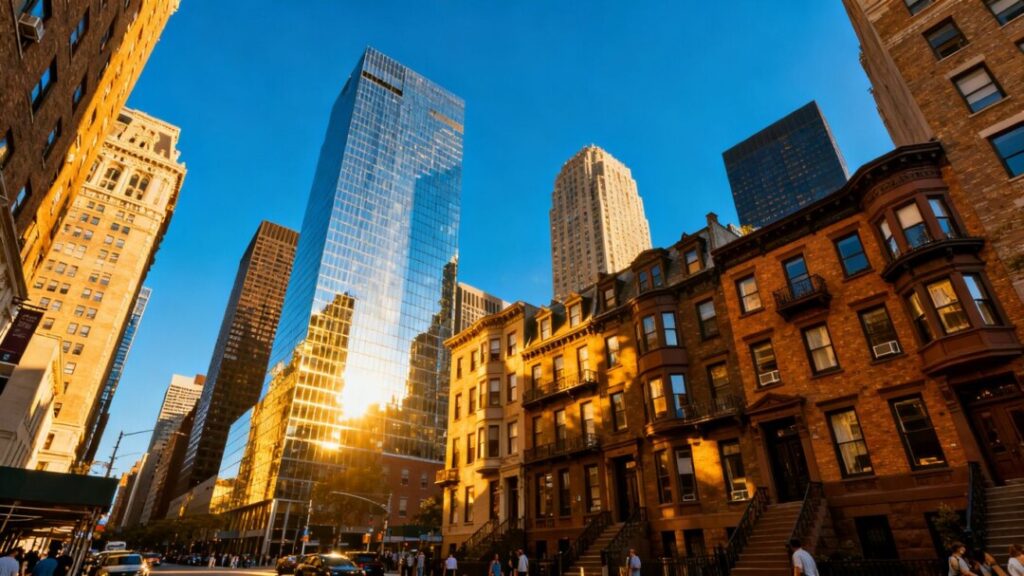 American cityscape with diverse architecture under a clear sky.