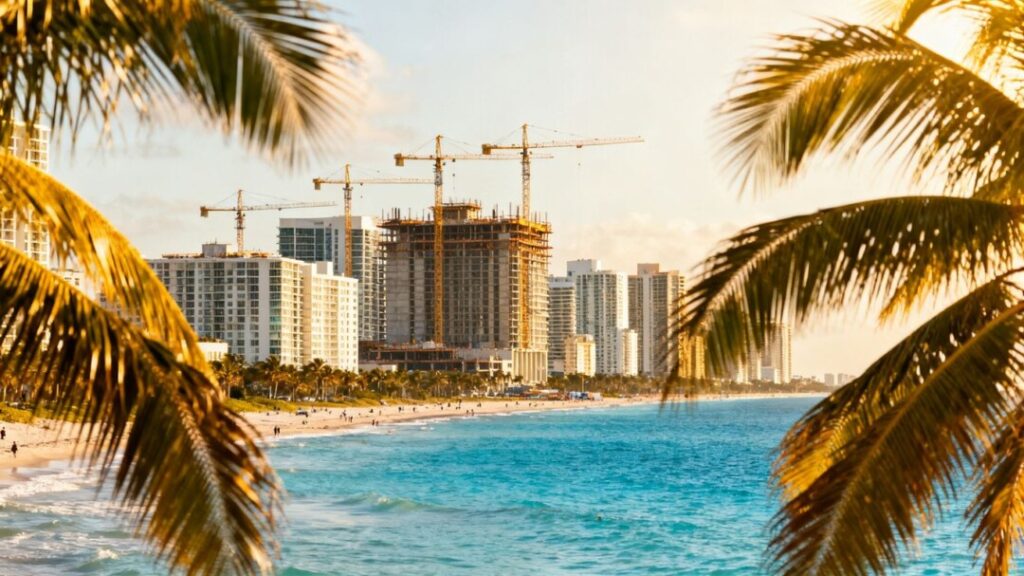 Florida coast with new buildings and sunny beach.