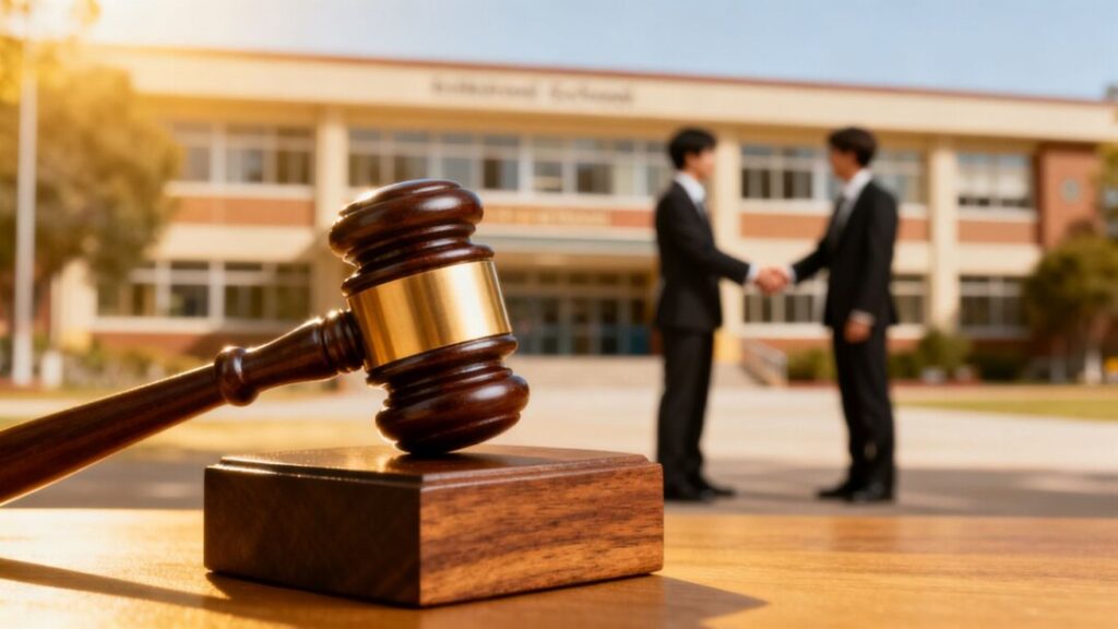Gavel striking block near school building and handshake.
