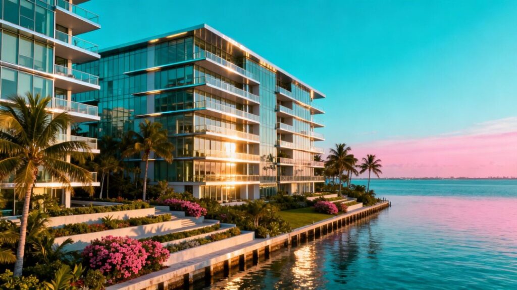 Miami apartment complex with waterfront view.