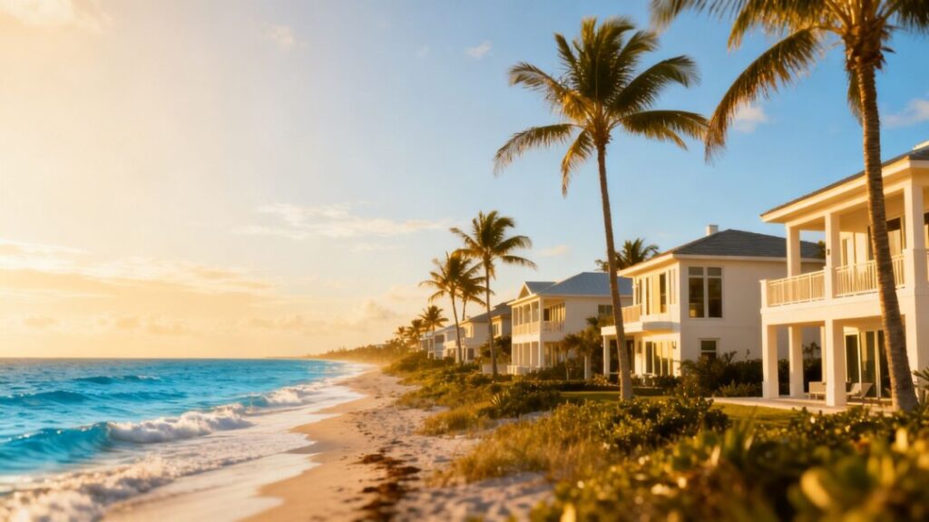 Florida homes by the ocean with palm trees.
