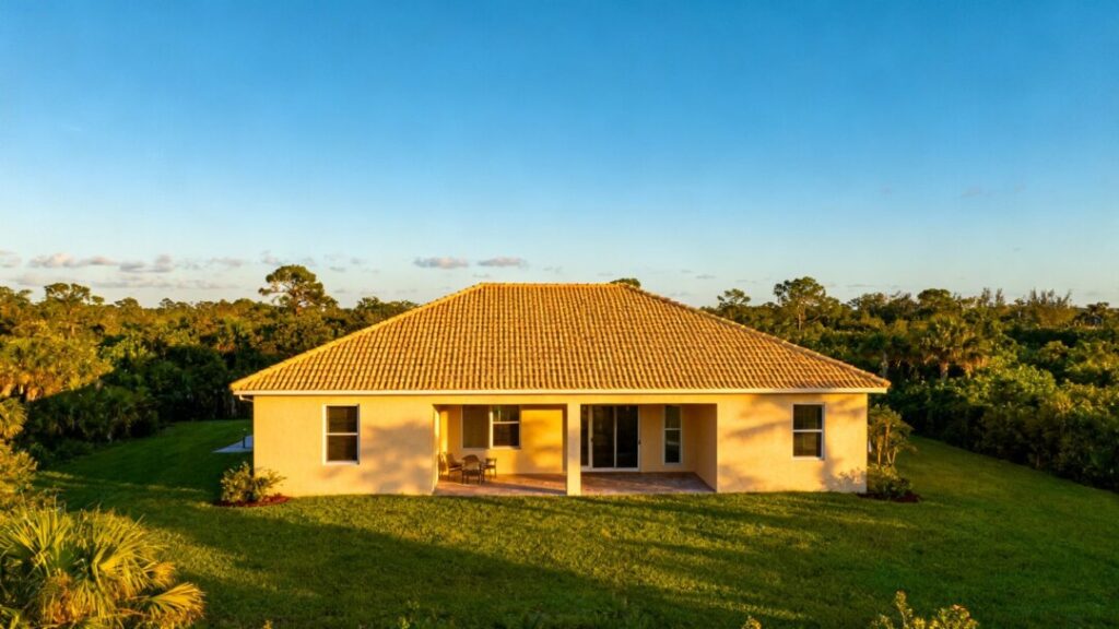 Florida home with secure roof under blue sky.