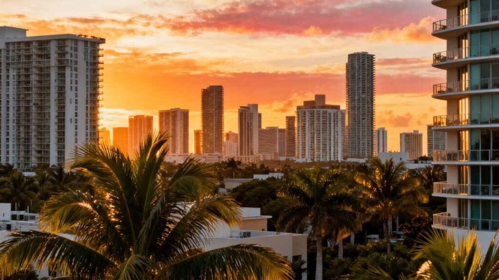 Miami skyline with modern buildings and palm trees.