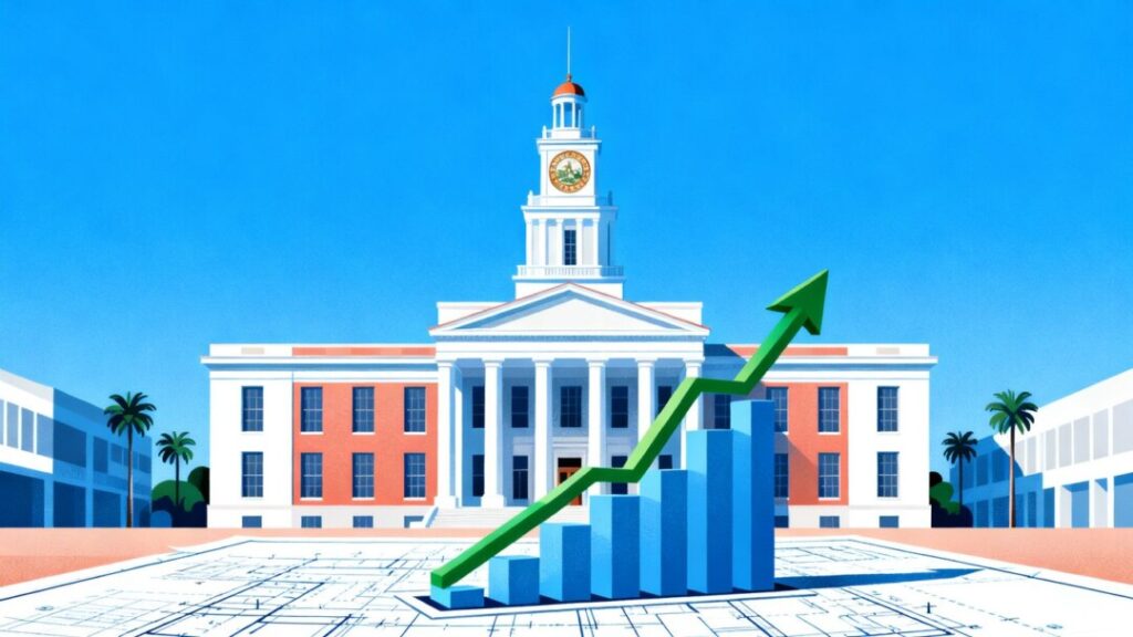 Florida capitol building with financial graph emerging from blueprint.
