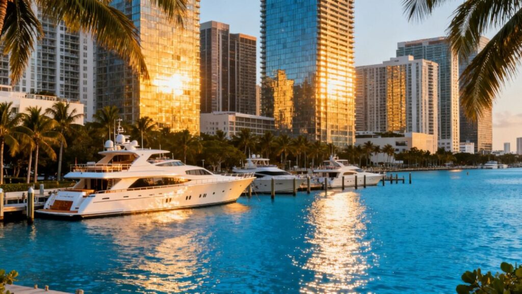 Miami skyline with skyscrapers, yachts, and ocean.
