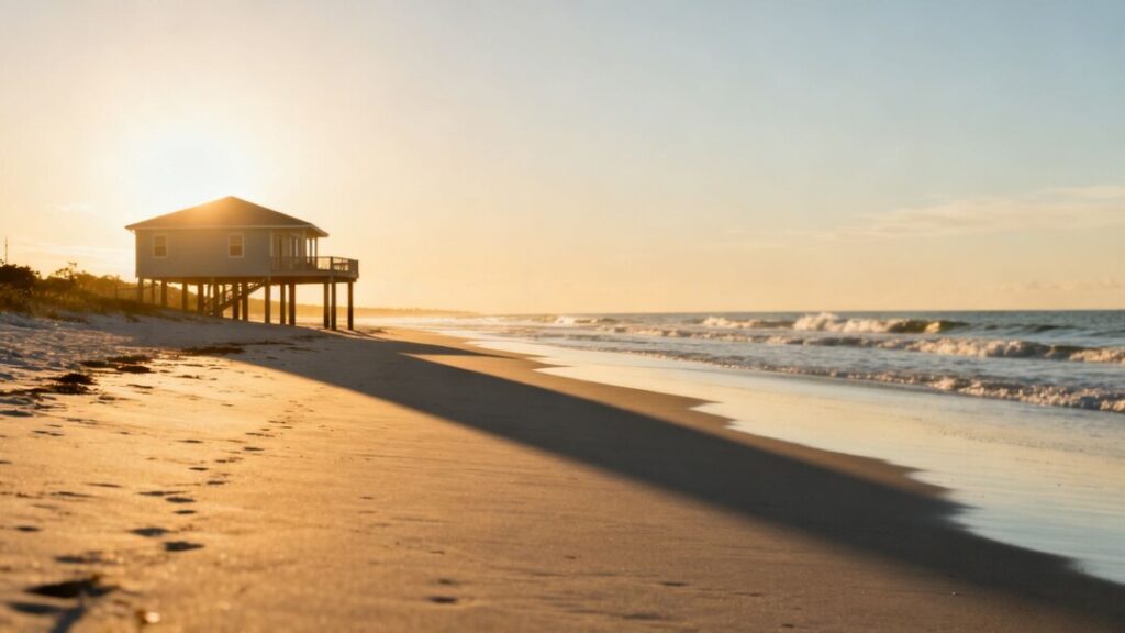Florida coast with a house and gentle waves.
