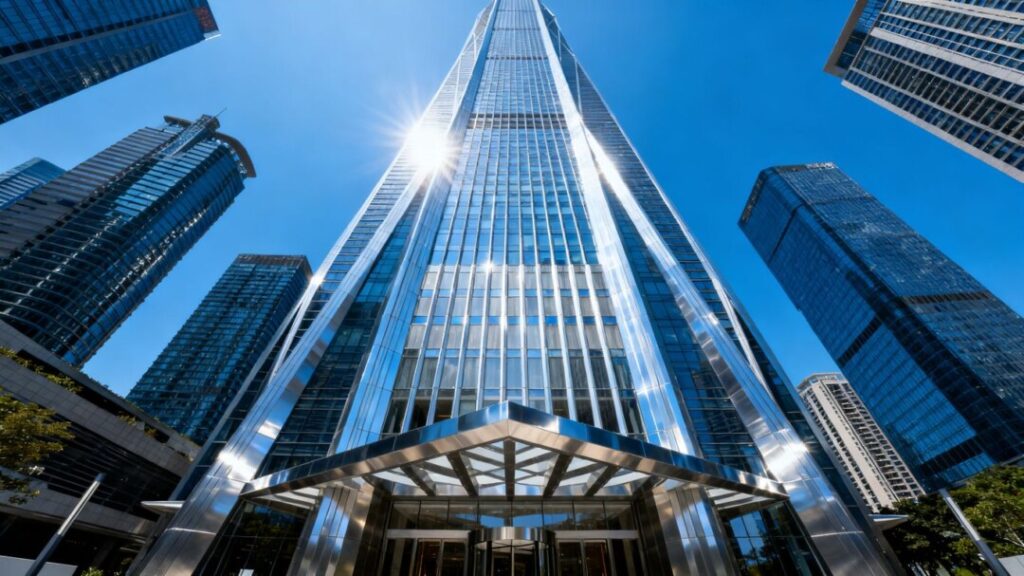 Modern skyscraper headquarters in a bustling city.