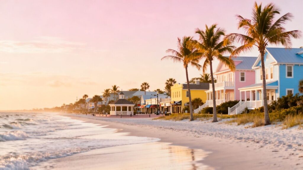 Florida coastline with charming houses and palm trees.
