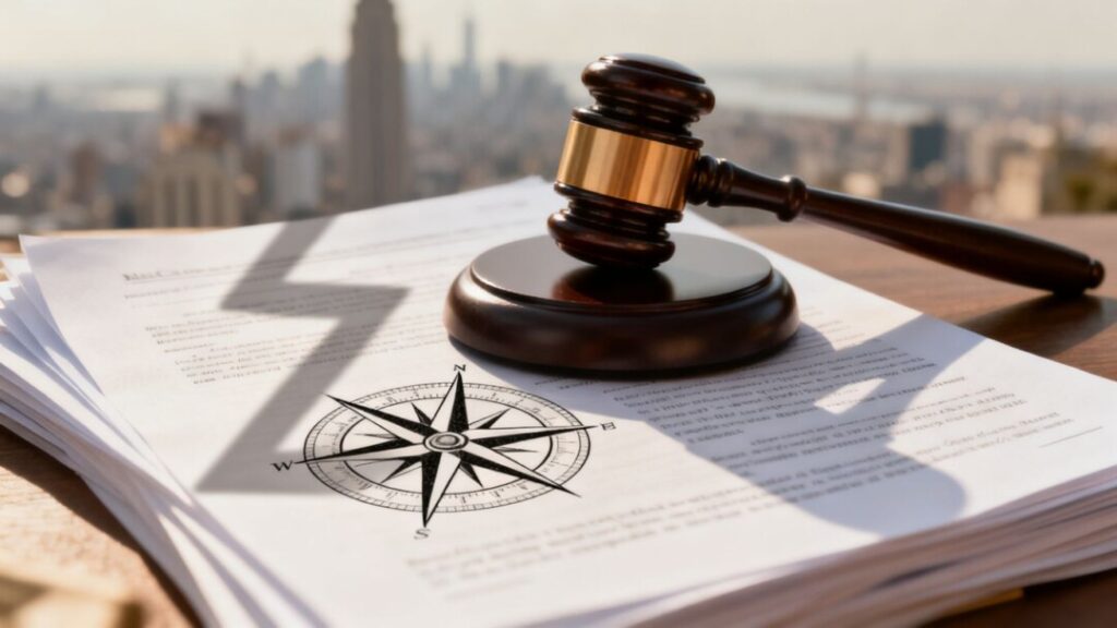 Gavel striking documents, compass, Z-shape shadow