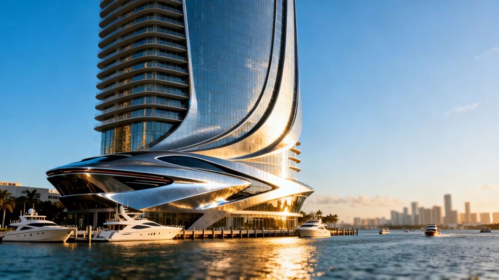 Pagani Residences Miami waterfront luxury skyscraper with yachts.