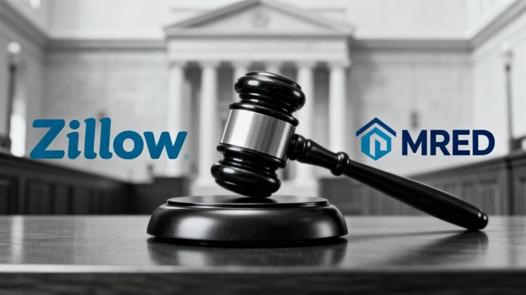Gavel striking block, Zillow and MRED logos, courthouse background.