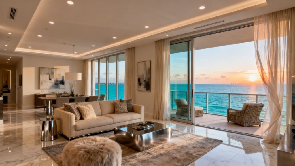 Luxury penthouse interior with ocean view and private balcony.