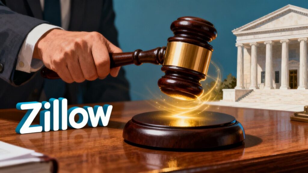 Gavel striking desk, Zillow logo, courthouse building.