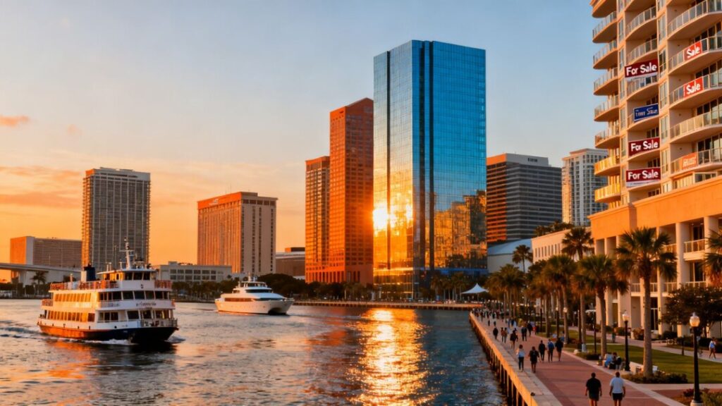 Tampa cityscape with skyscrapers and waterfront.